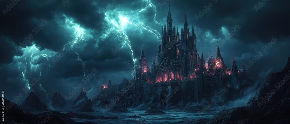 Floating castle illuminated by stars in a celestial night sky over ethereal clouds Floating castle illuminated by stars in a celestial night sky over ethereal clouds