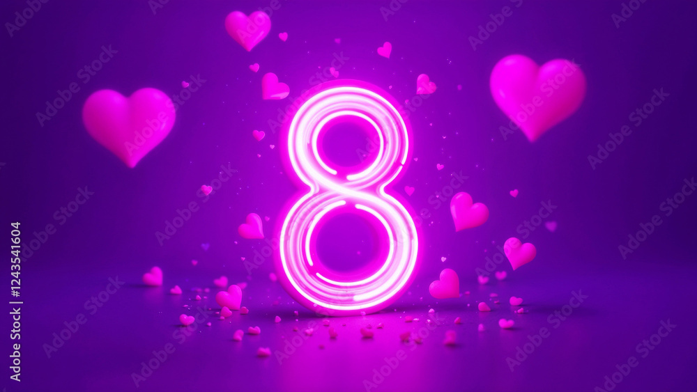 Vibrant floral design featuring number eight illuminated with neon lights against a dark background Vibrant floral design featuring number eight illuminated with neon lights against a dark background