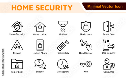 Home Security Icon Set. A comprehensive collection of icons focused on safety and protection, perfect for enhancing security apps, websites, and marketing materials aimed at home safety solutions.