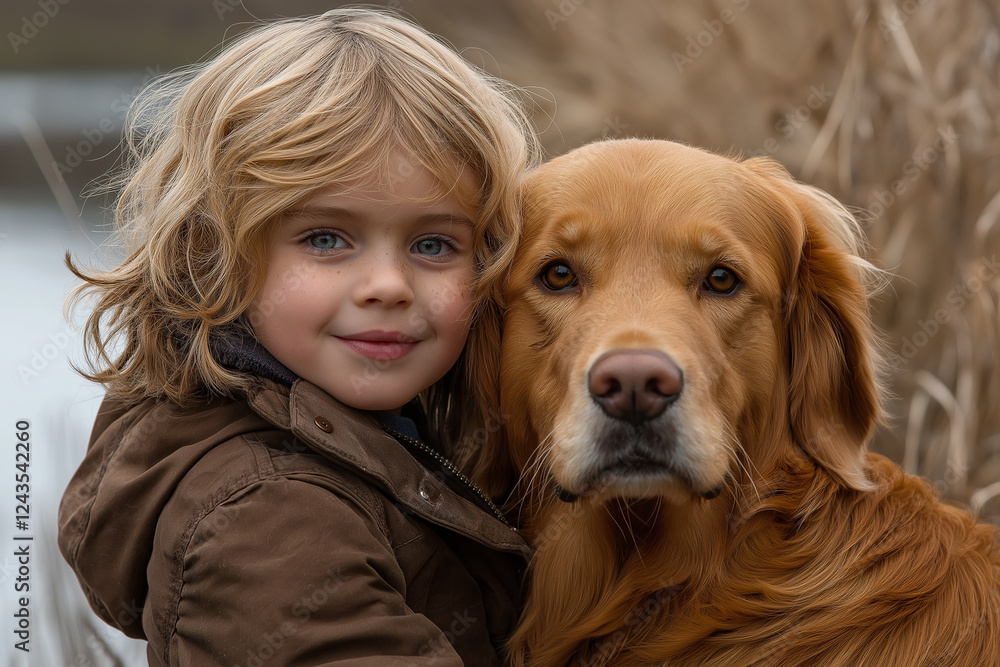Blond-Haired Child Hugging a Golden Retriever Dog in Front of a Body of Water with Short Golden Curls and Long Fluffy Blond Hair. Generative AI Blond-Haired Child Hugging a Golden Retriever Dog in Front of a Body of Water with Short Golden Curls and Long Fluffy Blond Hair. Generative AI