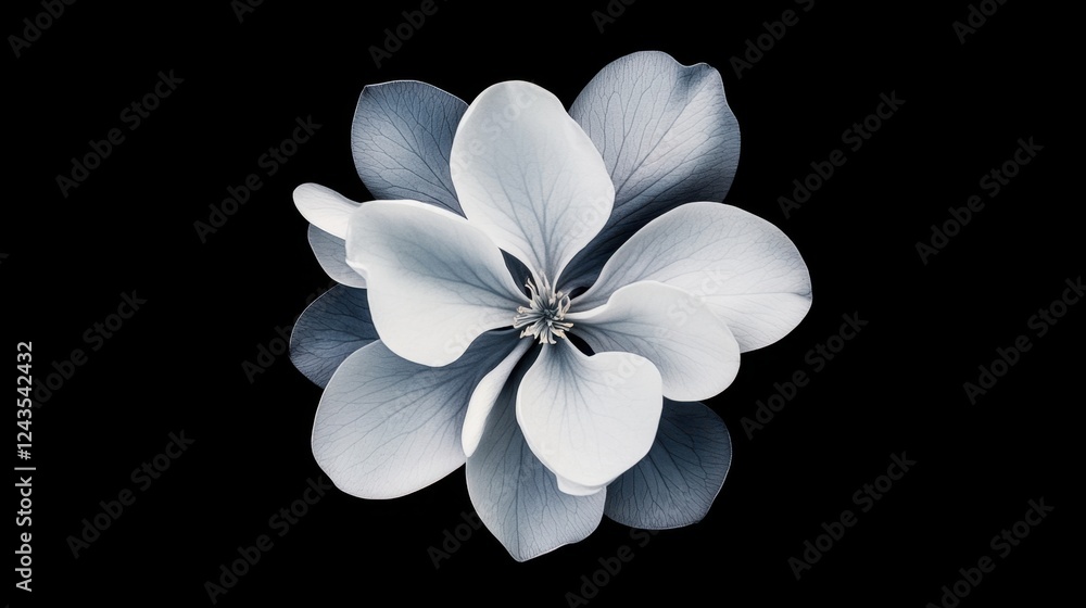 Fototapeta premium A delicate, pale flower with soft petals, illuminated against a black background, creating a striking contrast and an elegant visual appeal.