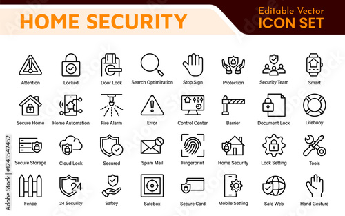 Home Security Icon Set. A comprehensive collection of icons focused on safety and protection, perfect for enhancing security apps, websites, and marketing materials aimed at home safety solutions.