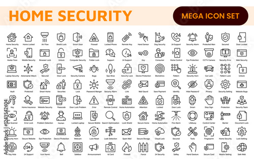 Home Security Icon Set. A comprehensive collection of icons focused on safety and protection, perfect for enhancing security apps, websites, and marketing materials aimed at home safety solutions.
