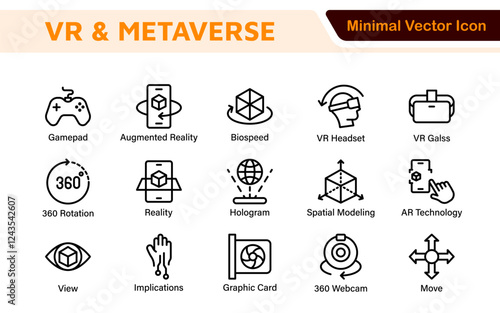 Virtual Reality and Metaverse Icon Set. A cutting-edge collection of icons designed to enhance immersive experiences, perfect for VR apps, gaming platforms, and digital worlds.