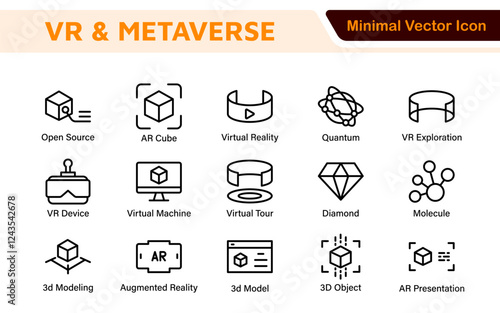 Virtual Reality and Metaverse Icon Set. A cutting-edge collection of icons designed to enhance immersive experiences, perfect for VR apps, gaming platforms, and digital worlds.