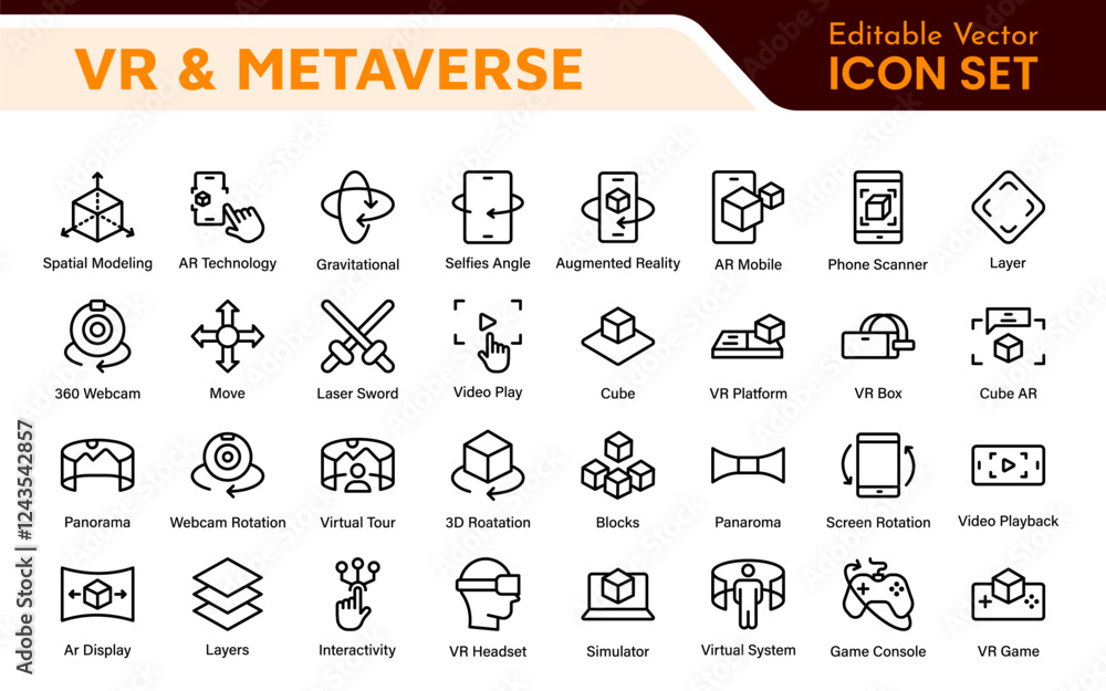 Naklejka premium Virtual Reality and Metaverse Icon Set. A cutting-edge collection of icons designed to enhance immersive experiences, perfect for VR apps, gaming platforms, and digital worlds.