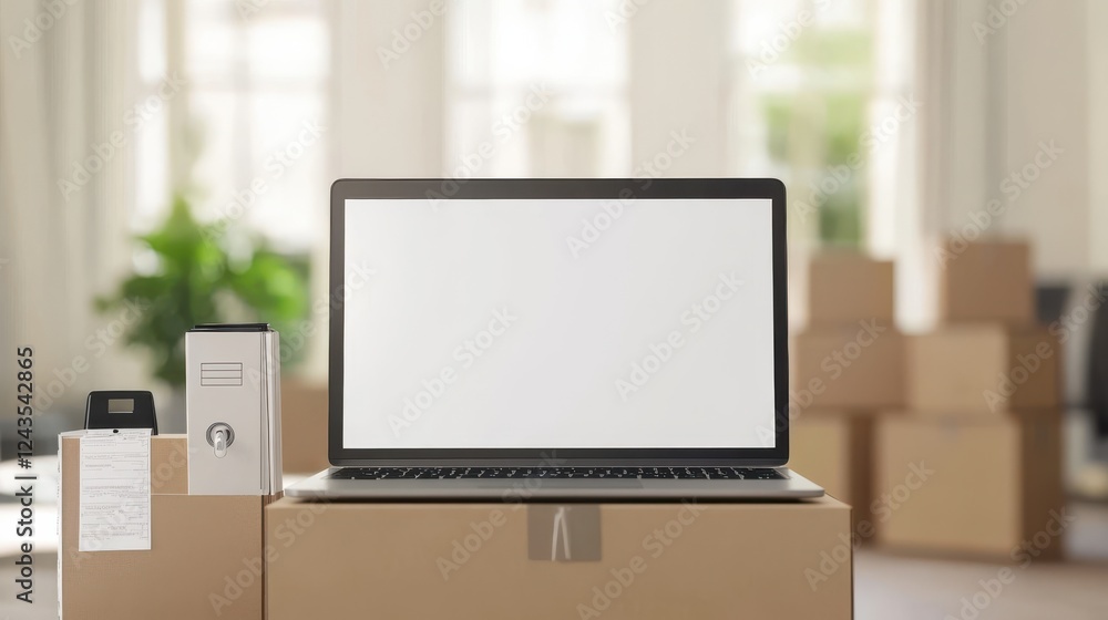 custom made wallpaper toronto digitalSleek laptop on cardboard box with blank screen in modern workspace setting