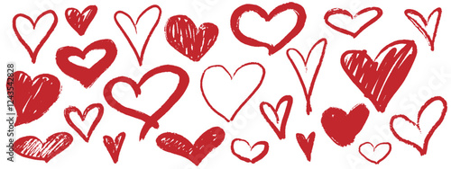 Doodle hearts drawn by hand. Grunge scrawls, chalk scribbles, rough brush strokes, underlines and circles. Bold charcoal freehand hearts. Crayon or marker scribbles