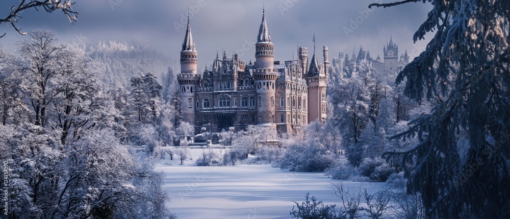 Obraz premium Enchanted winter castle stands majestically in a snowy landscape surrounded by misty mountains and evergreen trees