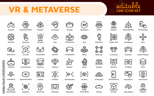 Virtual Reality and Metaverse Icon Set. A cutting-edge collection of icons designed to enhance immersive experiences, perfect for VR apps, gaming platforms, and digital worlds.