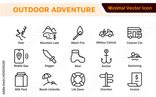 Adventure Icon Set. An exciting collection of icons that captures the spirit of exploration, perfect for travel apps, outdoor websites, and promotional materials for adventure and thrill-seeking.