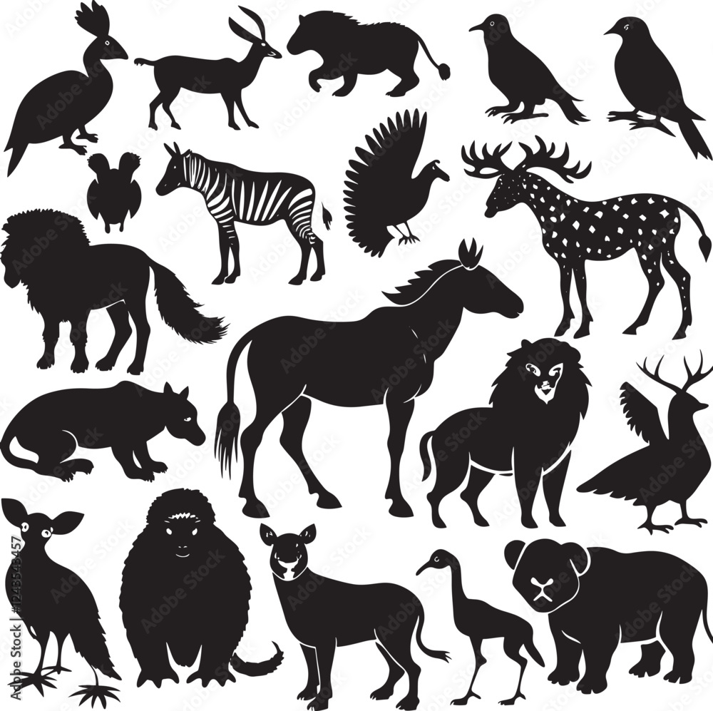 Fototapeta premium Black and White Silhouettes of Various Wild Animals