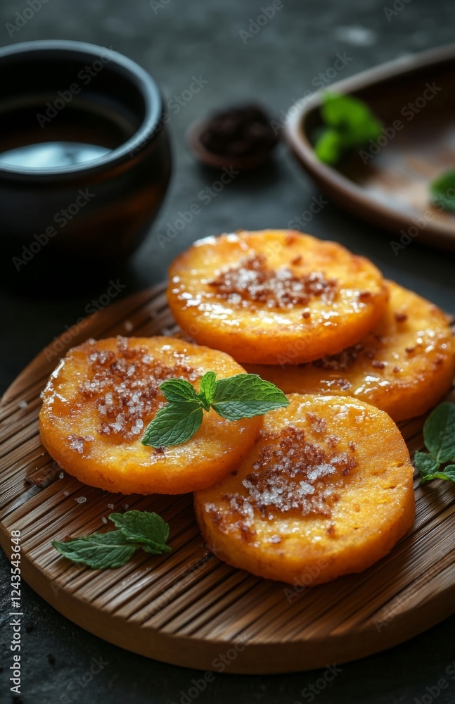 Indonesian fried sweet potato cake with brown sugar and mint leaves Indonesian fried sweet potato cake with brown sugar and mint leaves