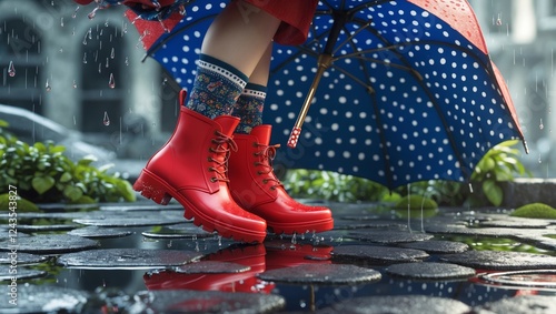 Bright red boots and an umbrella brighten a rainy day in a city street with cobblestones and puddles