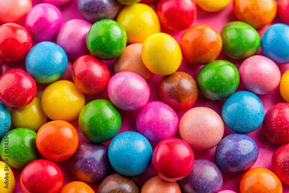 Macro Photo: Vibrant Round Candies, Colorful Sweets, Pink Background Macro Photo: Vibrant Round Candies, Colorful Sweets, Pink Background