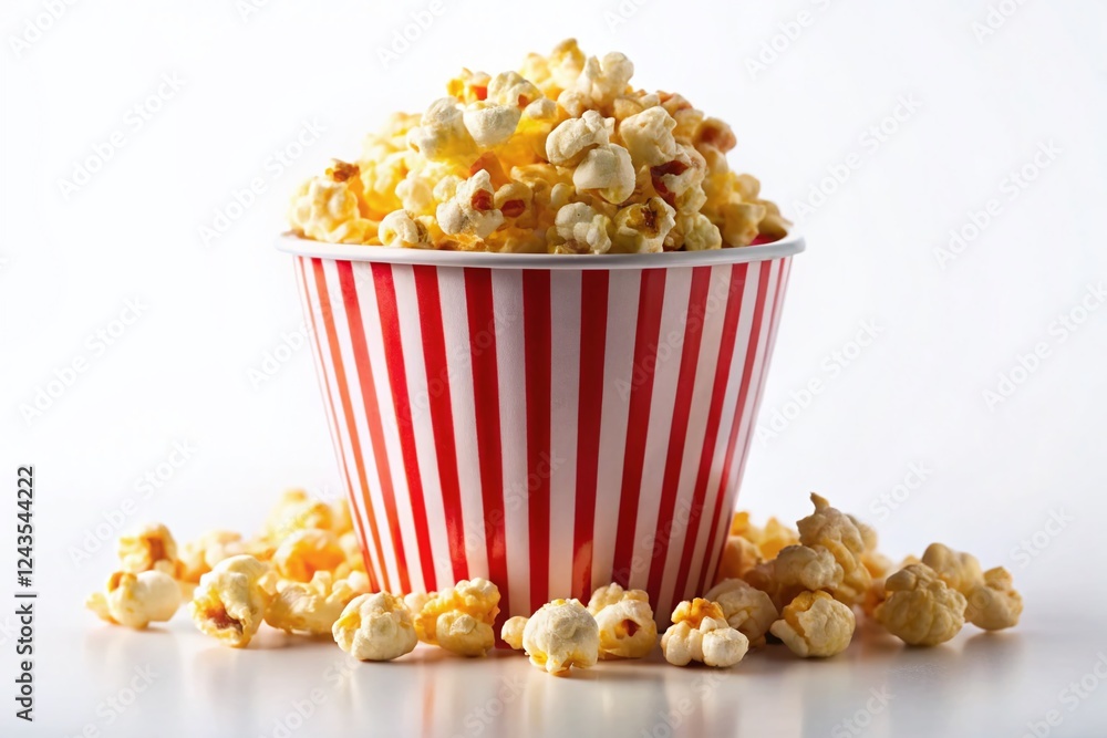 Macro Photo: Single Popcorn Kernel in Striped Bucket, White Background, Clipping Path Macro Photo: Single Popcorn Kernel in Striped Bucket, White Background, Clipping Path