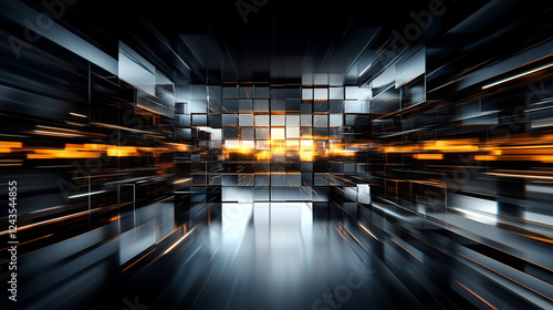 Dynamic 3D perspective abstract background composition with light reflections and motion blur.  