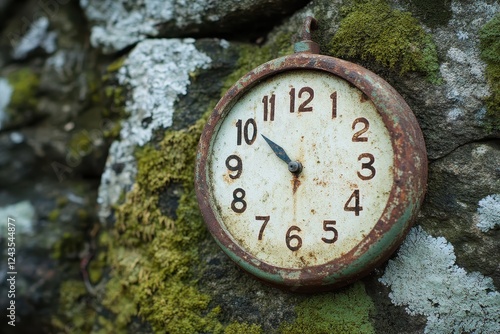 Wallpaper Mural Vintage Wall Clock on Mossy Stone Surface in Natural Setting Torontodigital.ca