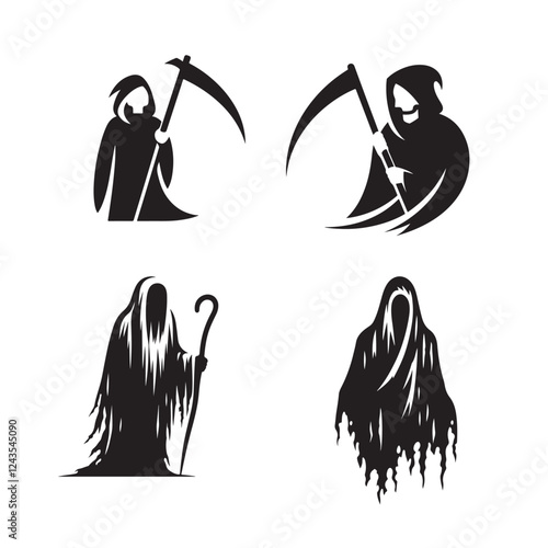  Ghostly wraith with tattered robes, Grim Reaper with a scythe silhouette

