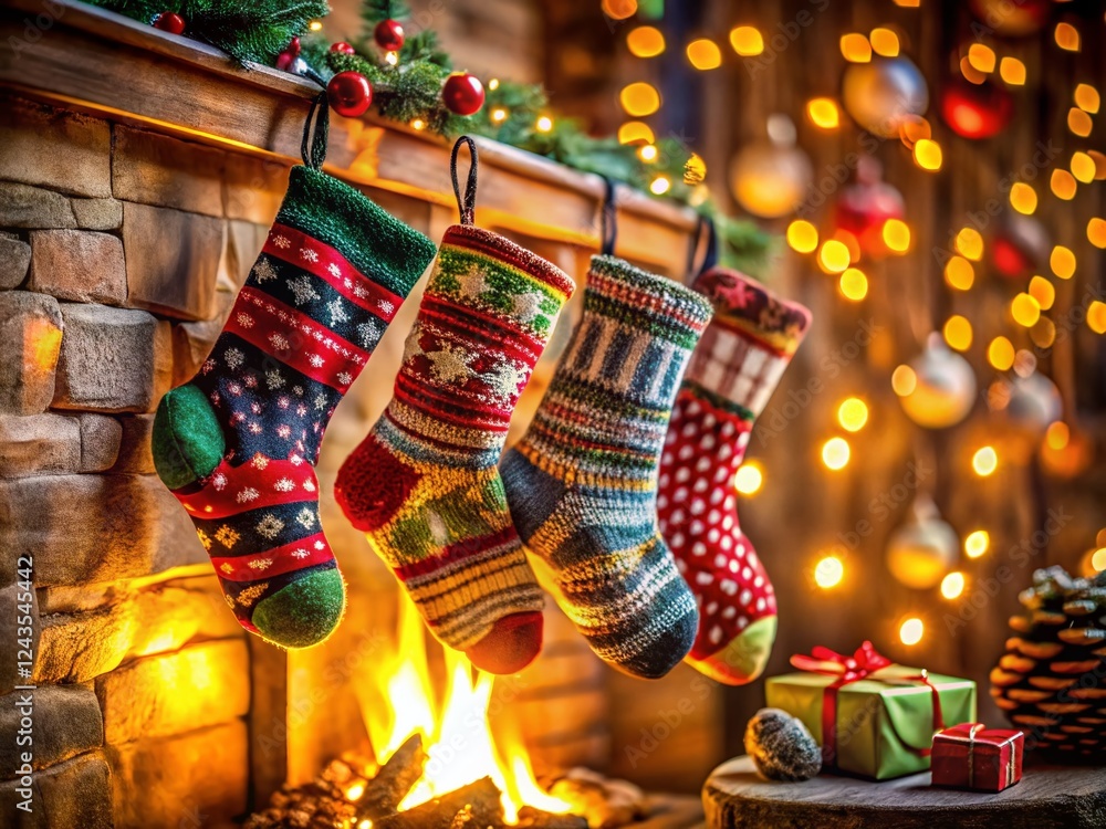 Naklejka premium Magical Christmas Fireplace with Colorful Stockings - Long Exposure Photography