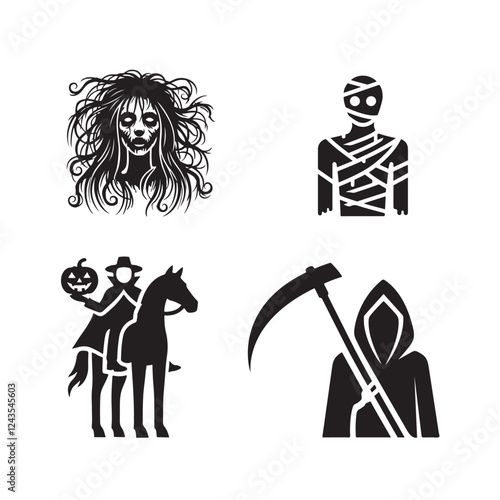 Female zombie with long, tangled hair ,Mummified, Headless horseman,Grim Reaper with a scythe silhouette