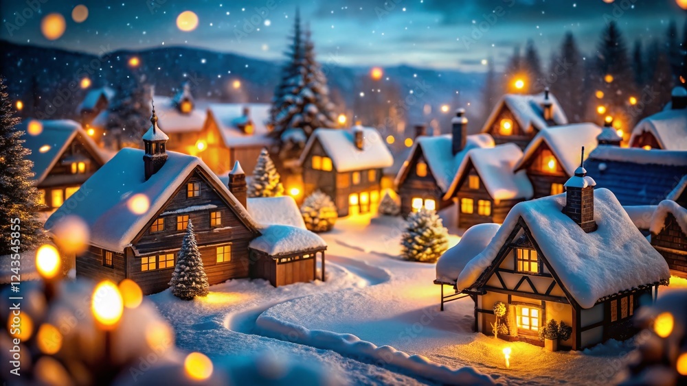 Fototapeta premium Magical Winter Village at Night with Bokeh Lights - Snowy Scene