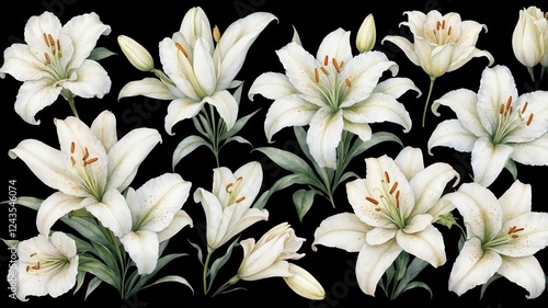 White lilies arranged artistically on a black background showcasing natural beauty and elegance