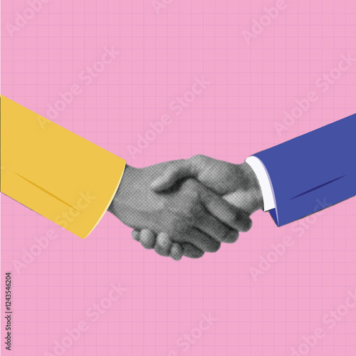 A collage banner with a handshake theme. men hands make a deal. Handling halftone effect with doodles on blue checkered background with hand drawn texture. Vector trendy illustration