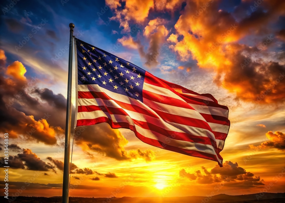 Obraz premium Majestic American Flag Silhouette Blown by Wind - Patriotism Stock Photo