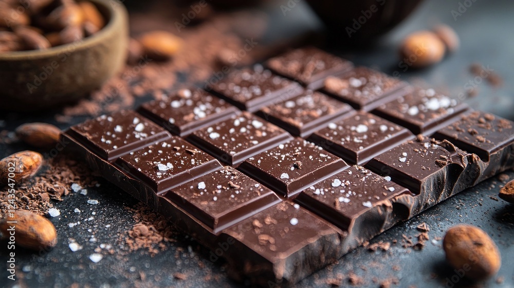 Close-up of a rich dark chocolate bar sprinkled with sea salt, surrounded by cocoa beans and powder on a rustic surface Close-up of a rich dark chocolate bar sprinkled with sea salt, surrounded by cocoa beans and powder on a rustic surface