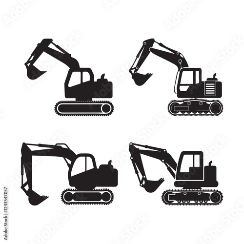 Vector Illustration of Four Different Excavator Silhouettes