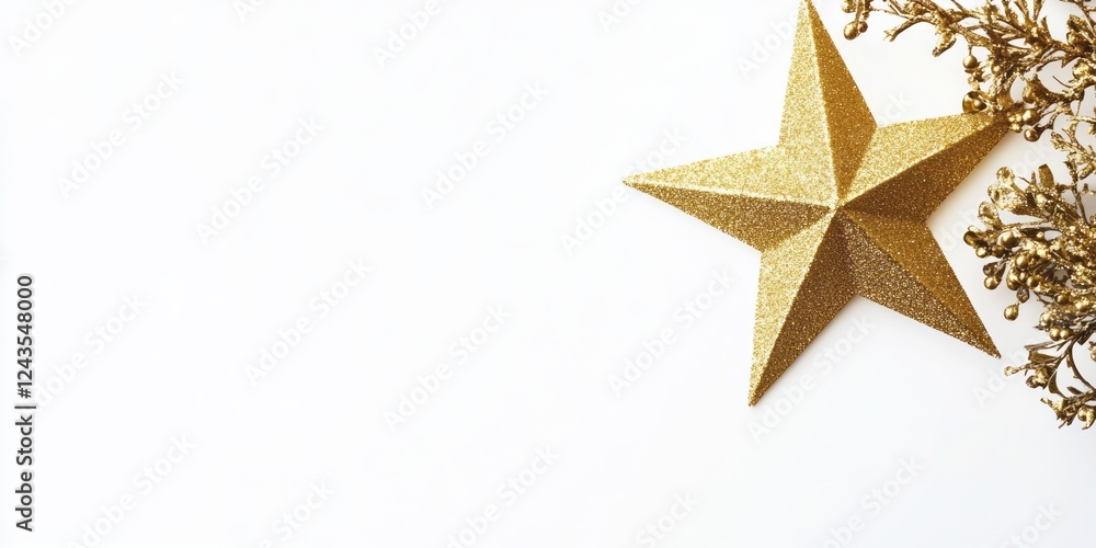 Gold Star and Glittery Branch on White Background Gold Star and Glittery Branch on White Background