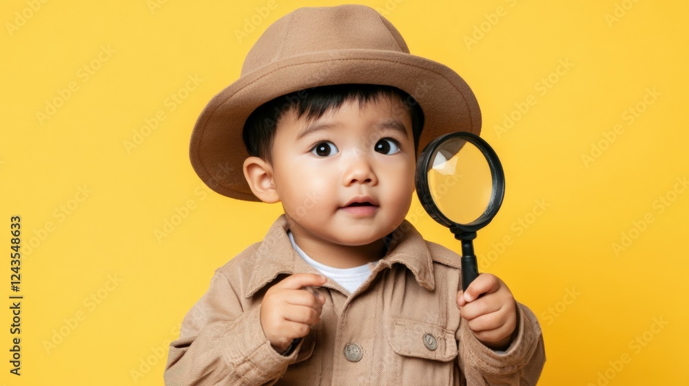 Young Child in Explorer Outfit Holding Magnifying Glass Against Bright Yellow Background, Instilling Curiosity and Adventure in Childhood Discovery Young Child in Explorer Outfit Holding Magnifying Glass Against Bright Yellow Background, Instilling Curiosity and Adventure in Childhood Discovery