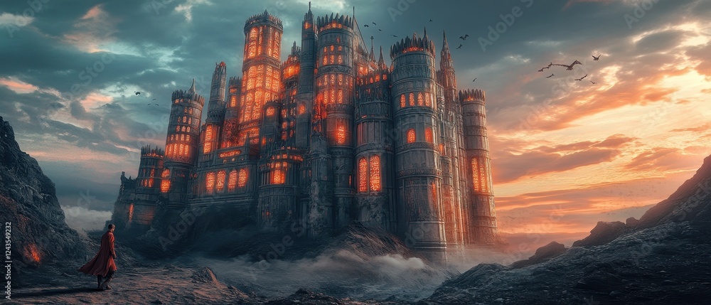 Fototapeta premium Magnificent pyramid rising from clouds features glowing pathways and dramatic sky at sunset over an ethereal landscape