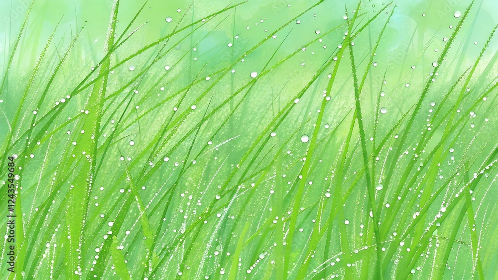 Green grass with dew drops on a vibrant background with copy space Green grass with dew drops on a vibrant background with copy space