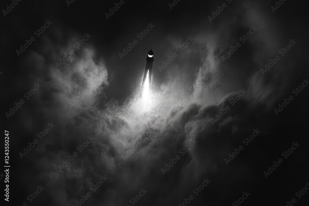 Mysterious Lighthouse Beam Cutting Through Dark Stormy Clouds Mysterious Lighthouse Beam Cutting Through Dark Stormy Clouds