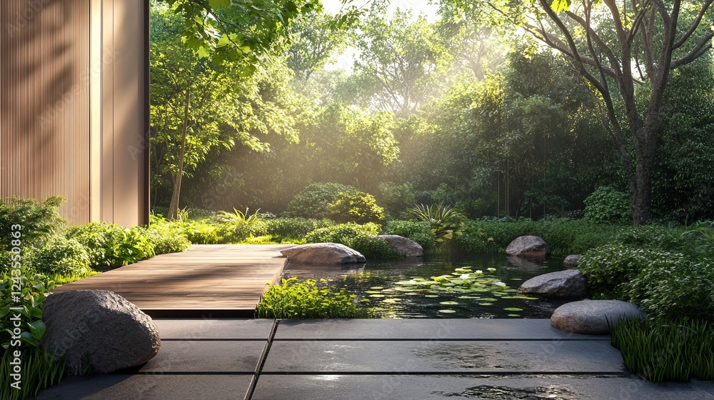 Charming Wooden Walkway Leading Through Lush Greenery to a Tranquil Pond Surrounded by Vibrant Flowers and Trees Creating a Peaceful Oasis in a Serene Garden Setting for Relaxation Charming Wooden Walkway Leading Through Lush Greenery to a Tranquil Pond Surrounded by Vibrant Flowers and Trees Creating a Peaceful Oasis in a Serene Garden Setting for Relaxation