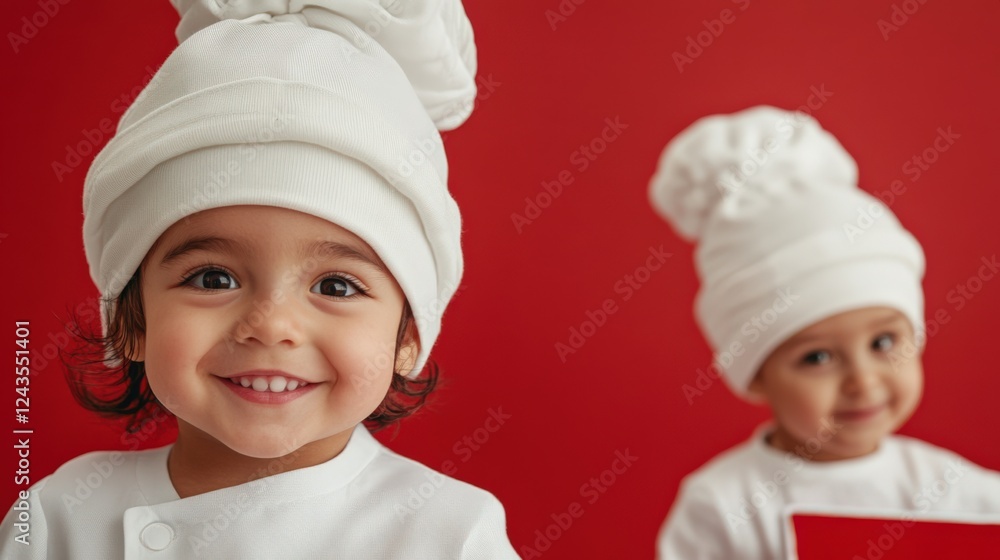 Two Young Children in Chef Hats Smiling Against a Red Background, Showcasing Their Joyful Spirit and Culinary Aspirations in a Bright, Playful Atmosphere Two Young Children in Chef Hats Smiling Against a Red Background, Showcasing Their Joyful Spirit and Culinary Aspirations in a Bright, Playful Atmosphere
