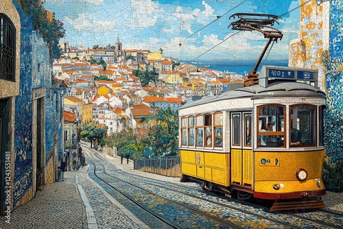  Lisbon poster showcasing colorful tiled facades and yellow tram steep cobbled streets leading to panoramic city view, azulejo-patterned buildings in vivid blues and yellows, sun-kissed atmosphere.