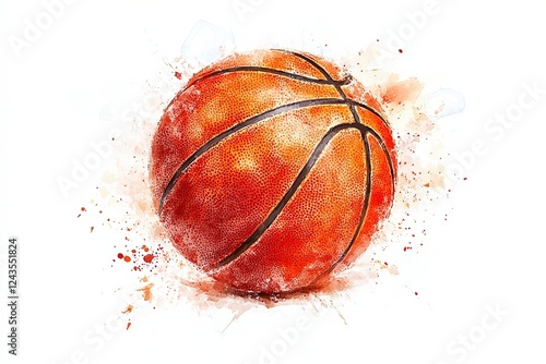  Minimalist basketball clipart with soft shading on white background orange textured ball with subtle watercolor splashes, fine details capturing dimples, faint court lines blending.