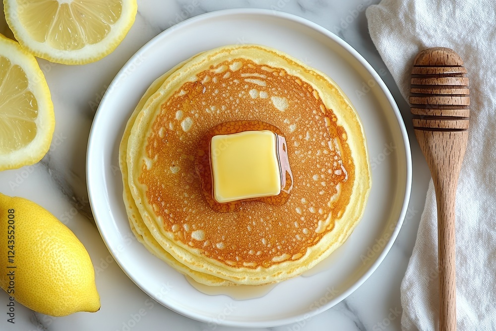 Stack of fluffy pancakes topped with melting butter and honey, served with fresh lemons. Soft golden texture and warm syrup drizzle create a comforting breakfast treat. Stack of fluffy pancakes topped with melting butter and honey, served with fresh lemons. Soft golden texture and warm syrup drizzle create a comforting breakfast treat.