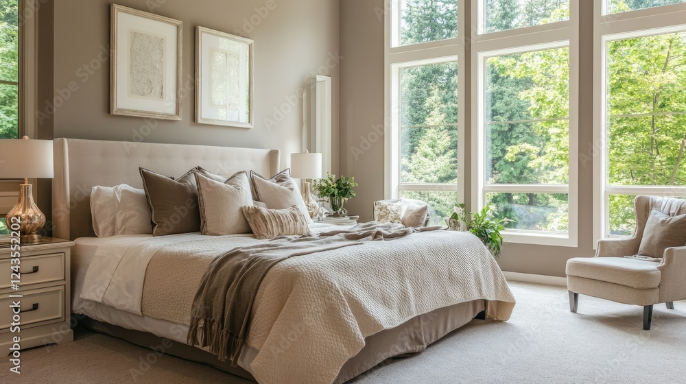 Cozy and Elegant Master Bedroom with Large Windows and Natural Light Cozy and Elegant Master Bedroom with Large Windows and Natural Light