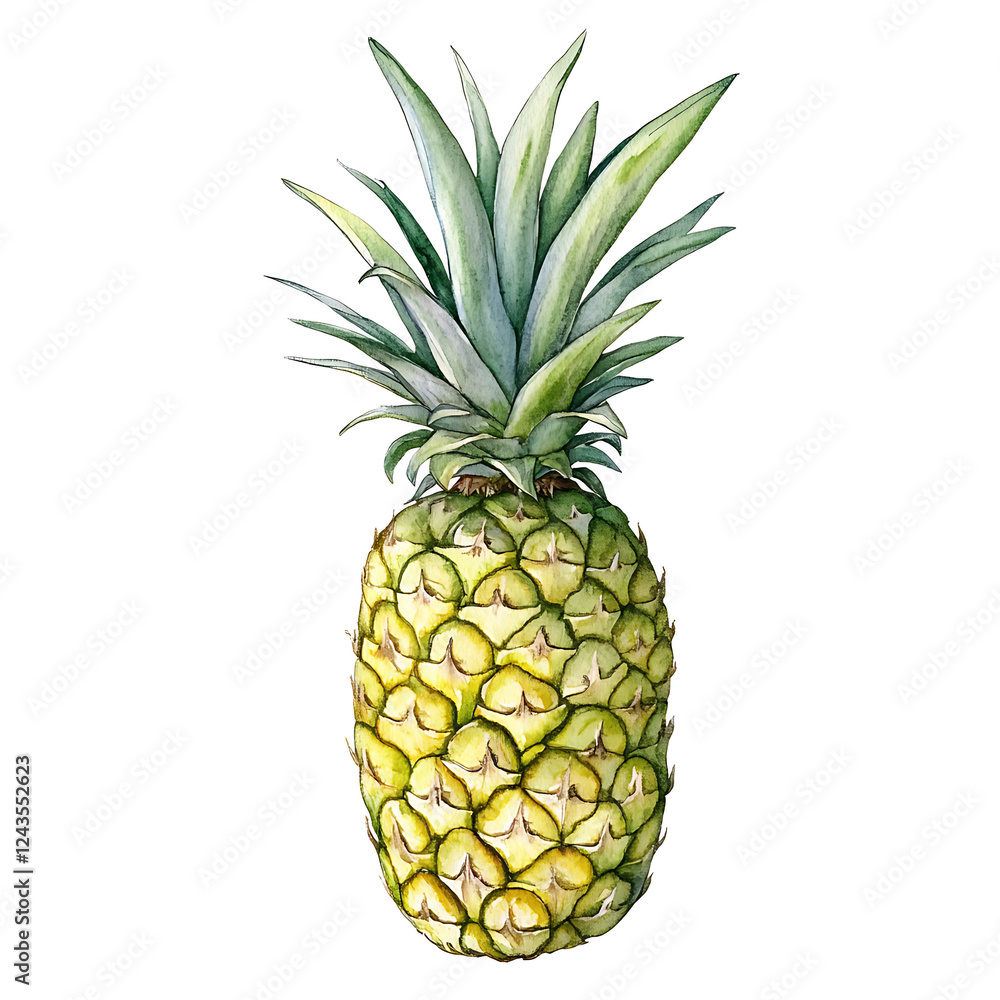 Detailed watercolor pineapple with soft shading and textured skin Detailed watercolor pineapple with soft shading and textured skin