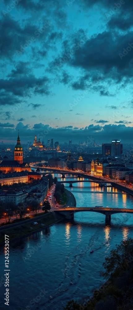 Naklejka premium View of the Vistula River and Warsaw's city center at night with illuminated riverbanks, European city, city center, Warsaw
