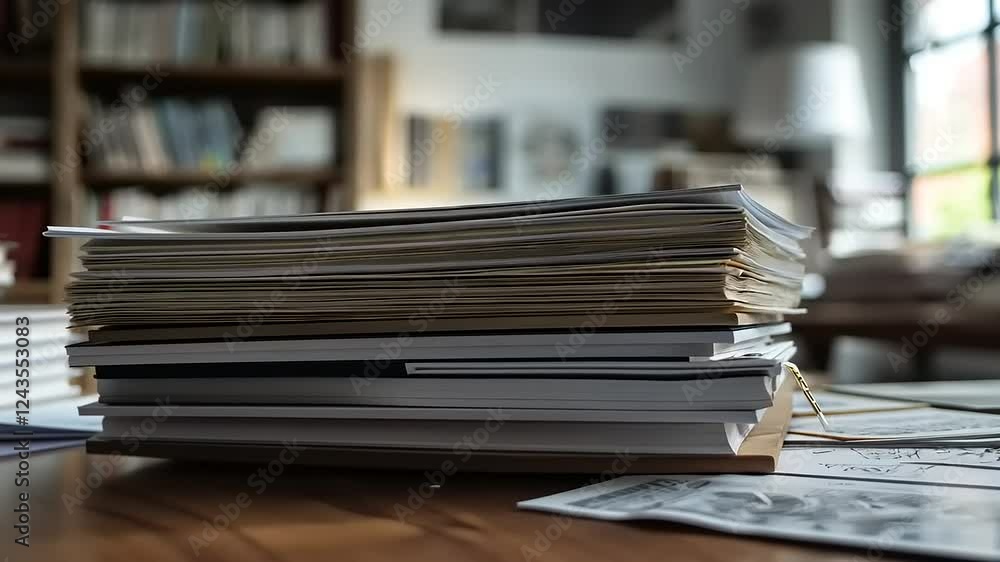 A Stack of Papers and Books on a Wooden Desk in a Blurred Studio Background A Stack of Papers and Books on a Wooden Desk in a Blurred Studio Background