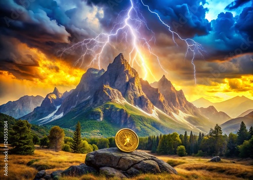 Majestic Mountain Landscape: Cryptocurrency Symbol & Ancient Deity photo