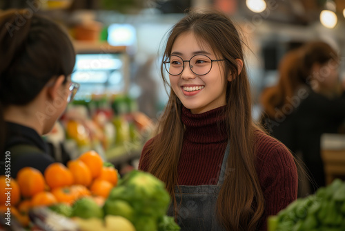 Smiling Woman In Glasses Standing In Front Of A Fruit Stand, Fresh Food Market People, Beautiful South Korean Woman. Generative Ai photo