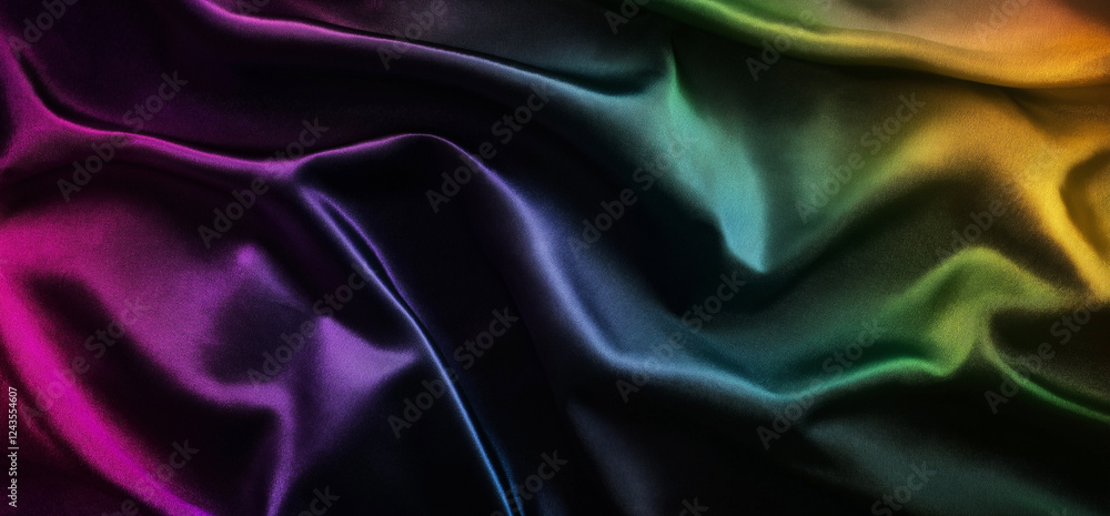 Fototapeta premium A dark, textured background featuring a gradient of rainbow colors, evoking modern design and fashion photography. The soft fabric-like texture, reminiscent of silk or velvet, creates an atmosphere of