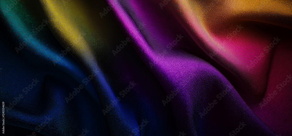 Fototapeta premium A dark, textured background with a gradient of rainbow colors, evoking modern design and fashion photography. The soft, fabric-like texture, reminiscent of silk or velvet, creates a captivating atmosp