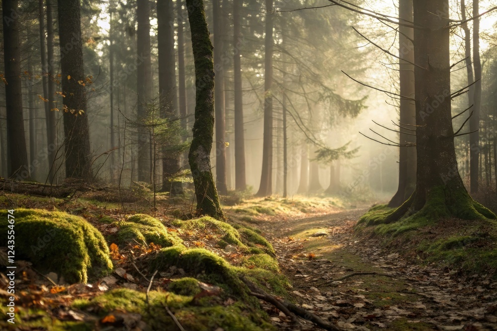 Obraz premium Warm gentle glow on a quiet forest floor, forest floor details, moss-covered ground